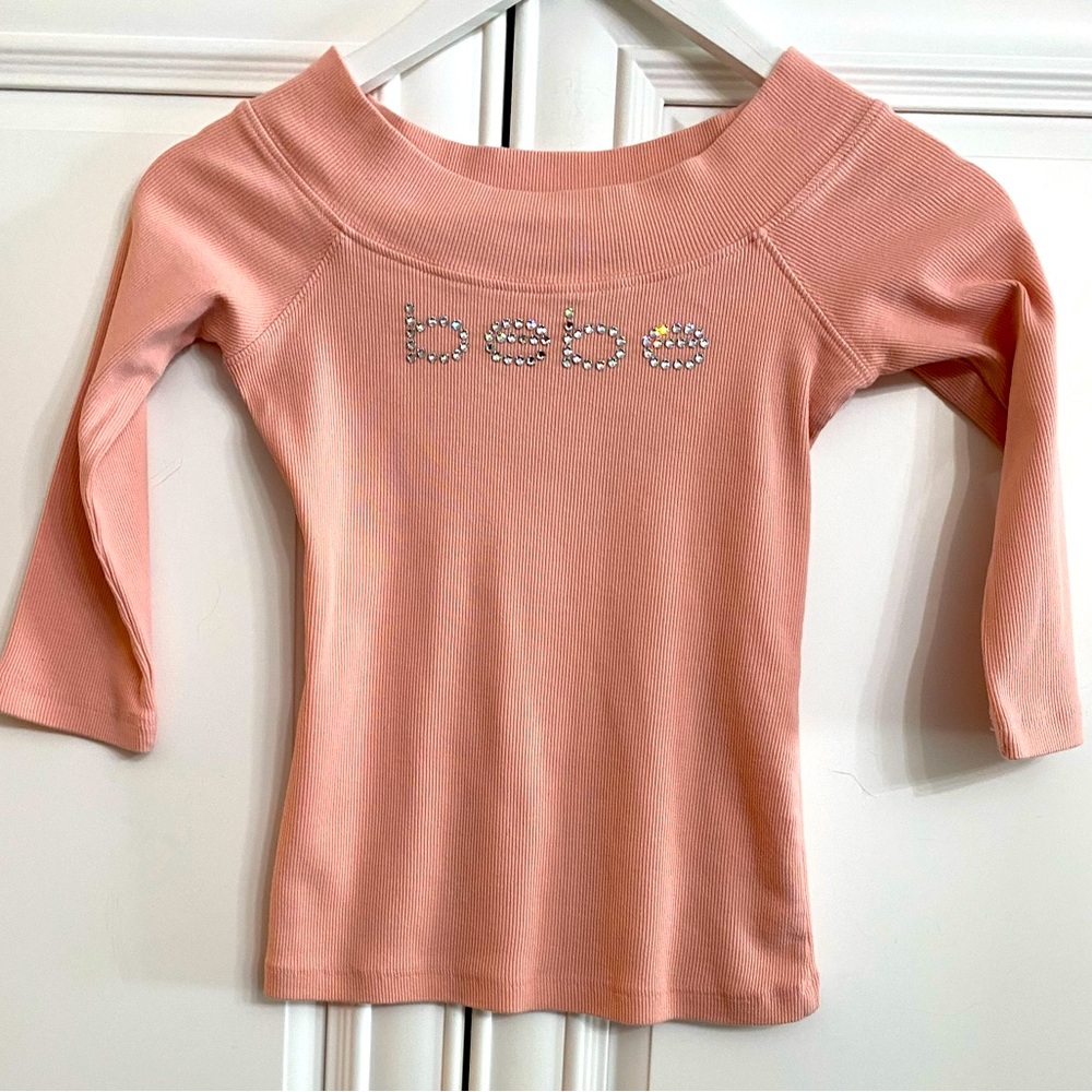 Bebe Sz Small Boat Neck Ribbed Pink Top  with 3/4 Sleeves and Rhinestones bebe